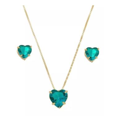 Imagem de Conjunto De Colar e Brincos Com Pingente Coração Verde + Brinco De Coração Banhado a Ouro 18k
