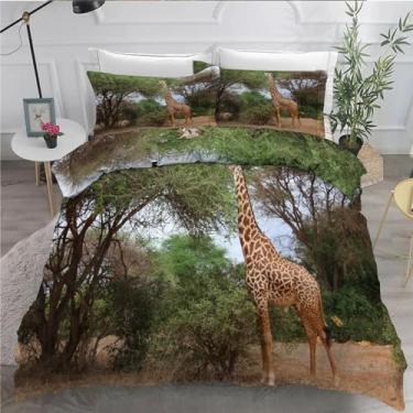 Imagem de Jogo de cama girafa King com árvores, conjunto de 3 peças para decoração de quarto, capa de edredom de microfibra macia 264 x 232 cm e 2 fronhas, com fecho de zíper e laços