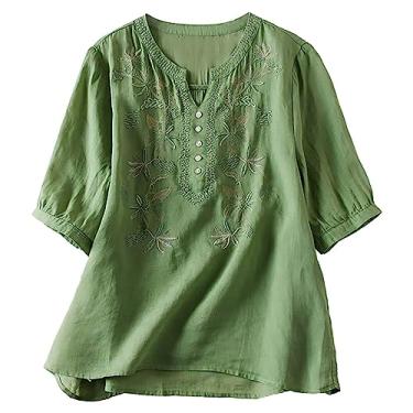 Imagem de Blusa feminina de verão de algodão e linho com bordado solto de manga curta, Verde, G