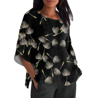Imagem de Camisa de linho feminina manga 3/4 gola redonda blusas grandes elegantes camiseta gráfica moderna túnica roupas de verão, Preto, G