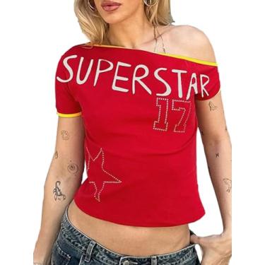 Imagem de Qhpzcy Camiseta feminina slim fit Y2k estampada ombro de fora manga curta sexy cropped tops, Vermelho, P