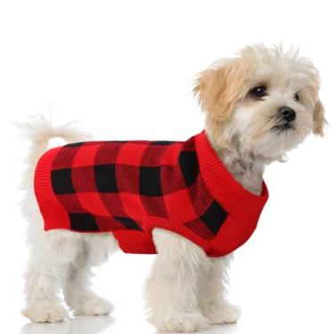 Imagem de PUMYPOREITY Suéter clássico xadrez para cães com orifício para trela, malha elástica quente para cães pequenos e médios, pulôver de malha jacquard macio com gola alta elástica para primavera, outono,