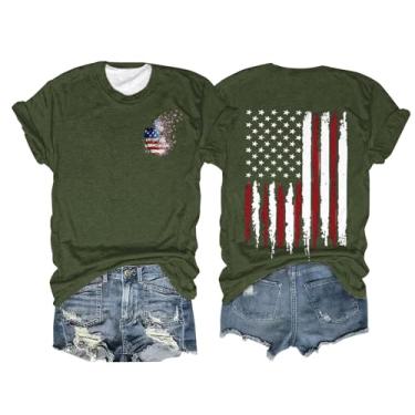 Imagem de Camisetas femininas com bandeira americana, manga curta, casual, patriótica, estampada, gola redonda, verão, engraçada, 2024, na moda, Verde militar, GG