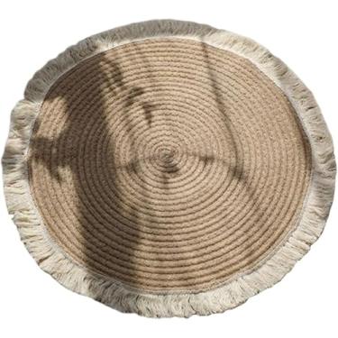 Imagem de Tapete de juta estilo japonês, tapete de tecido retrô com design de franjas, tapete de sofá ou tapeçarias, almofadas de sofá e tapetes de oração, 45 cm