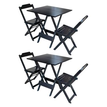 Imagem de Kit 2 Jogos de Mesa Dobravel com 2 Cadeiras de Madeira 70x70 Ideal para Bar e Restaurante - Preto