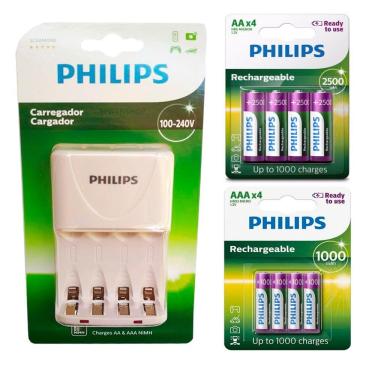 Imagem de Carregador Philips com 4 Pilhas Aa 2500 mais 4 Pilhas Aaa 1000 Palito Recarregáveis RTU Bivolt Inmetro
