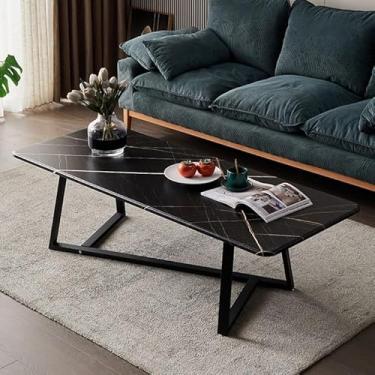 Imagem de Mesa de café pequena e moderna leve e luxuosa para sala de estar com pernas de armação de metal, mesa de coquetel retangular industrial simples, mesa média de madeira vintage, mesa de centro de metal