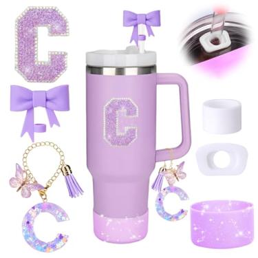 Imagem de MOTEERLLU Conjunto de 6 peças de acessórios de copo Stanley roxo, capa de canudo de arco para copo Stanley 850 g 1,134 g, incluindo cobertura de palha, tampa à prova de derramamento, conjunto de botas