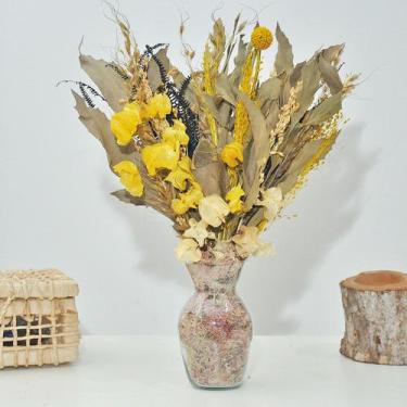 Imagem de Arranjo de flores desidratadas petit bounganville amarelo + vaso de vi
