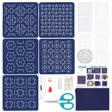 Imagem de ORIGACH Conjunto de 5 conjuntos de porta-copos Sashiko, kit de costura tradicional japonesa, conjunto de porta-copos feito à mão com linha, agulha e cinco designs diferentes em tecido azul marinho