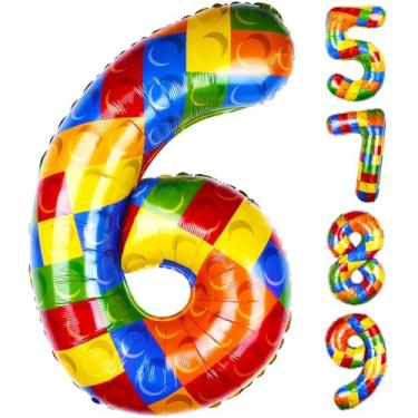 Imagem de 40 Inch Building Block Number Balloon, Number 6 Balloons Colorful Number Block Foil Balloons Big Helium Balloon Numbers for Girls Boys Birthday Brick Theme Party Decorations (Number 6)