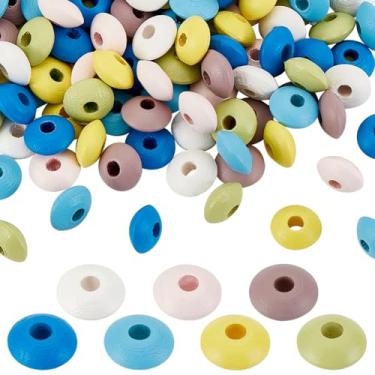 Imagem de PH PandaHall 140 contas de madeira de abaco de 12 mm contas de lentilha coloridas contas de madeira com orifício grande contas espaçadoras soltas contas de artesanato para canetas, chaveiro,