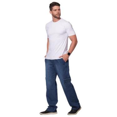 Imagem de Calça Masculina Jeans Cargo Cintura Elástico e Cordão Ajustador Larga 