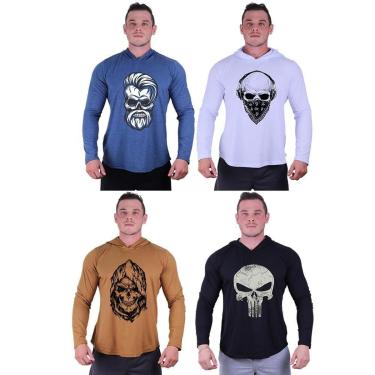 Imagem de Kit 4 Camisetas Manga Longa com Touca Longline Estampada Treino Academia Lazer Casual-Masculino