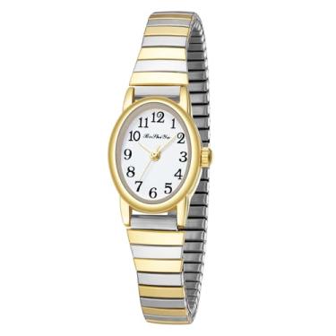 Imagem de BOSHIYA Relógio feminino Quartz Easy Reader Elipse de aço inoxidável com pulseira de expansão para pulso pequeno, Ouro + prata, Clássico
