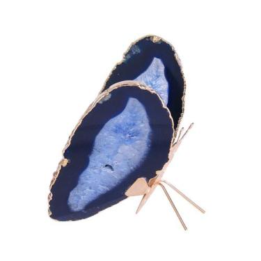 Imagem de Borboleta Em Pedra Àgata Decorativa Com Ouro - Charm Decor, Azul