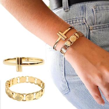 Imagem de Kit C/02 Pulseiras Feminina Braceletes Semijoia Banhado a Ouro 10 Mand