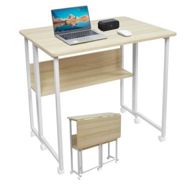 Imagem de Windpost Mesa dobrável pequena de 81 cm, mesa dobrável com rolos e pés fixos, moldura de aço e tampo de MDF, mesa de sofá para espaços pequenos, montagem fácil, natural e branca