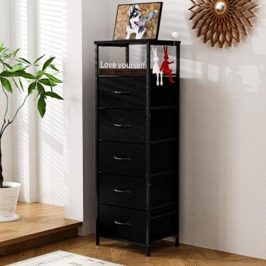 Imagem de galasily Cômoda alta com 5 gavetas para quarto, pequena torre de armazenamento branca para armário, caixa de tecido com 5 gavetas, cômoda organizadora para mulheres ou crianças, parte superior de