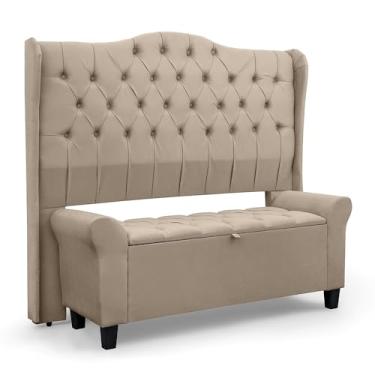 Imagem de Conjunto Estofado Cabeceira e Recamier Baú Capitonê Para Cama Queen de 160cm Dubai - LH Móveis (Pavia Cappuccino)