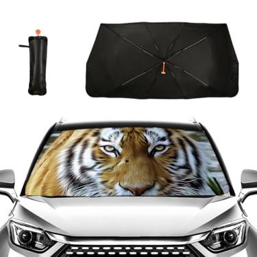 Imagem de Guarda-sol dobrável de carro tigre para bloqueio de janela frontal raios UV guarda-chuva de para-brisa dobrável protetor de viseira de sol - mantenha o veículo fresco para a maioria dos veículos