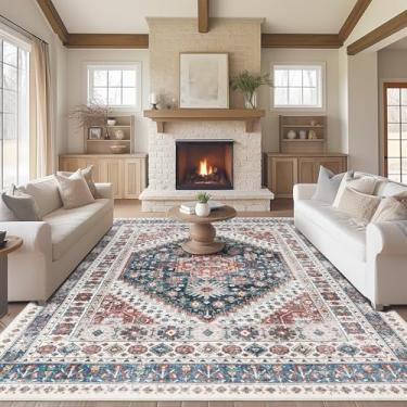 Imagem de Madane Tapetes de área de 15 x 23 cm para sala de estar, tapetes laváveis resistentes a manchas, tapete antiderrapante, tapete de decoração de casa vintage para quarto (azul marinho, 1,88 x 2,5 m)