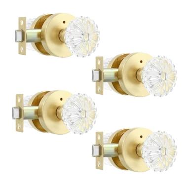 Imagem de Leydebong Maçanetas de vidro cristal, maçanetas de porta de privacidade interior com trava para quarto/banheiro, design resistente dourado, acabamento em latão acetinado, pacote com 4