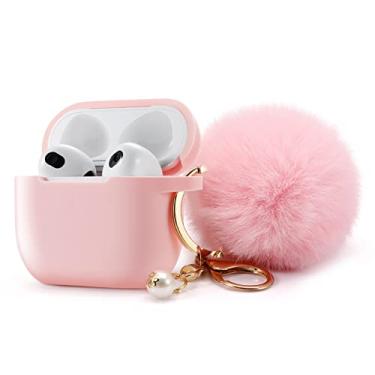 Imagem de Capa protetora para Airpods 3, capa de silicone macio compatível com Air Pods 3ª geração 2021 com kit de chaveiro de pompom fofo com bola fofa (3ª, rosa)