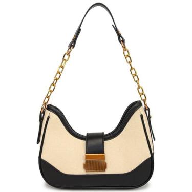 Imagem de RTGGSEL Bolsa feminina de cor contrastante, xadrez, listrada, transversal, ombro, axila, bolsa, bolsa de mão, Corrente branca e preta, Retrô moderno