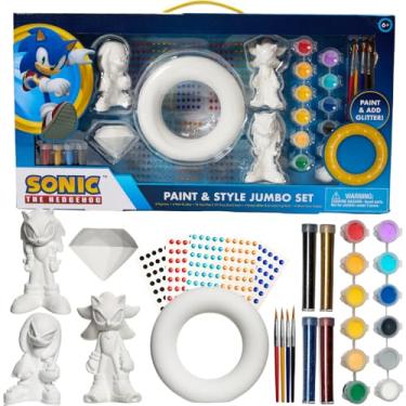 Imagem de Innovative Designs Sonic The Hedgehog DIY Pinte suas próprias estatuetas conjunto de artes e artesanato para meninos, estatuetas jumbo, tinta, pincel, glitter e adesivos de pedras – Sonic, Shadow