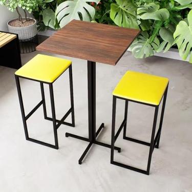 Imagem de Conjunto Mesa Alta Bar Bistrô Quadrada Imbuia 2 Bancos Estofado Industrial Black (Amarelo)