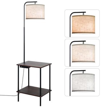 Imagem de EOEYYOYB Luminária de chão com mesa, luminária de mesa com porta de carregamento USB, tomada e prateleiras, luz de leitura de mesa lateral com 3 lâmpadas LED de temperatura de cores incluídas,