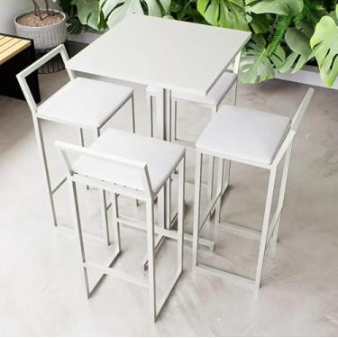 Imagem de Conjunto Mesa Alta Bar Bistrô Quadrada Branca 4 Banquetas Confort Estofado Industrial White (Branco)
