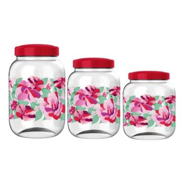 Imagem de Kit 3 Potes Porta Mantimentos Decorado Multiuso Plástico 3,6LT 2,9LT 1,4LT (Floral)