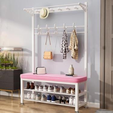 Imagem de Cabideiro, árvore de corredor com banco de sapatos para entrada, com banco de armazenamento de sapatos 3 em 1 sapateira de diferentes alturas, banco de entrada com cabide, móveis de madeira com