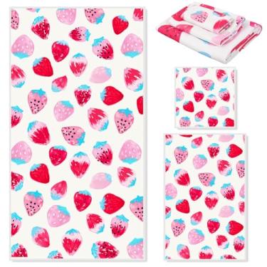 Imagem de FYSUIMU Conjunto de 3 peças de toalhas de morango vermelho rosa morango fruta toalha de banho absorvente toalha de mão pano de lavagem para viagem, natação, banheiro, suprimentos de chuveiro