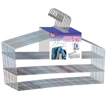 Imagem de Cabides Para Calças Triplo Kit 10 Unidades Organizador Reforçado Aço Cromado - Big Mix