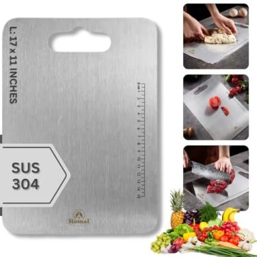 Imagem de Tábua de corte de aço inoxidável 304 – Tábuas de corte de aço inoxidável de grau alimentício não porosas de 43 x 28 cm para cozinha | Carnes, frutas e vegetais | Tábua de corte de metal segura para