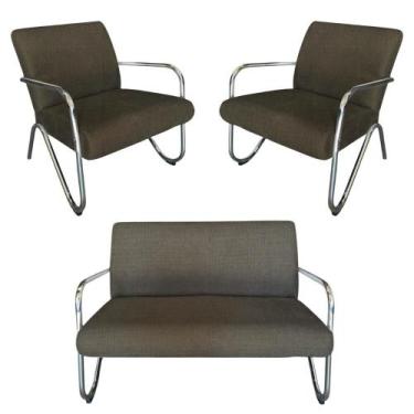 Imagem de Kit Namoradeira + 2 Poltronas Decorativa Bela Linho Marrom Braço Croma