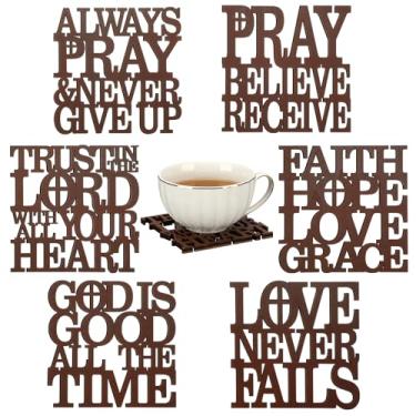 Imagem de Hushee Conjunto de 6 porta-copos de madeira para bebidas com versículos da Bíblia, porta-copos cristãos, tapete decorativo de copo para proteção de mesa de casa, copos de vinho, café, bar, presentes