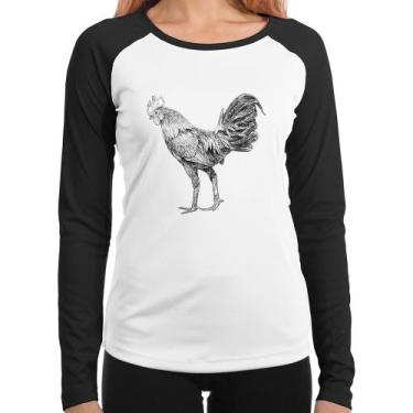 Imagem de Baby Look Raglan Galo Desenho Manga Longa - Foca na Moda, Branco, Pret