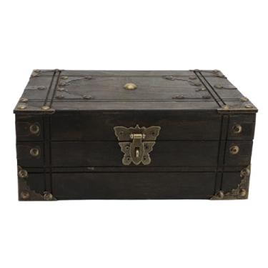 Imagem de Caixa organizadora, caixa de armazenamento vintage, multifuncional, madeira, cinza, marrom, para artesanato (com chave de bloqueio)