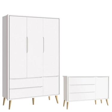 Imagem de Cômoda Infantil com Porta e Guarda Roupa 3 Portas Theo Branco Acetinado Pés Madeira Natural – Reller