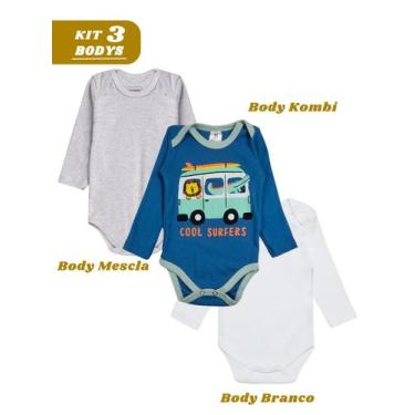 Imagem de Kit 3 Body Manga Longa Kombi Branco Mescla Algodão - Bykyko, P
