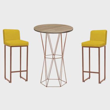 Imagem de Kit Mesa Bistrô Flork e 2 Banqueta Lucca Alta Com Encosto Bar Gourmet Tampo Madeira Ferro Bronze Suede Amarelo - Ahazzo Móveis
