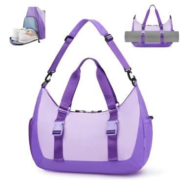 Imagem de WOOMADA Bolsa esportiva de viagem com compartimento para sapatos, bolsa de ginástica com bolso molhado e manga para carrinho, bolsas de fim de semana para mulheres, Roxa