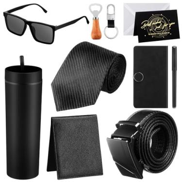 Imagem de Tioncy Conjunto de 12 peças de presente de aniversário masculino com caixa cesta de presente de dia dos pais abridor de garrafa de madeira PU carteira de couro PU cinto de gravata chaveiro óculos de