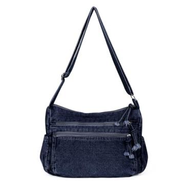 Imagem de ALUSBELL Bolsa jeans grande para mulheres, bolsas jeans leves, bolsa de ombro retrô, bolsas transversais, Azul marinho, One Size