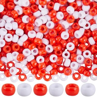 Imagem de SUNNYCLUE 1000 contas de pônei, 6 x 9 mm, vermelho, branco, tema do dia dos namorados, vermelho, branco, mistura de cabelo opaco, trança, Kandi, espaçadores de plástico a granel para fazer joias