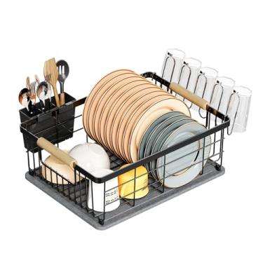 Imagem de IBEDMAZIE Escorredor de louça preto com terra de diatomáceas 1 camada, escorredor de pratos multifuncional para balcão de cozinha, secagem rápida, economia de espaço de grande capacidade com suporte